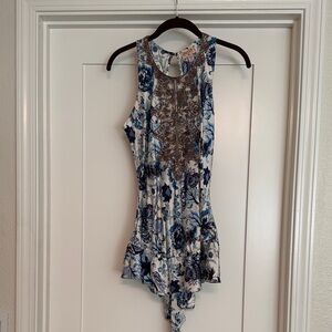 Plenty by Tracy Reese Never Worn Blue Floral Top with bronze beaded overlay